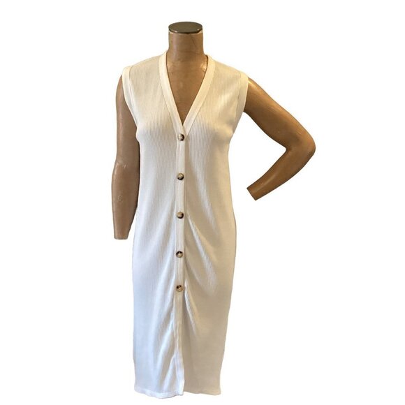 Zara Dresses & Skirts - Zara Ribbed Knit V-Neck Button-Up Sleeveless Midi Dress Sz S White 265D